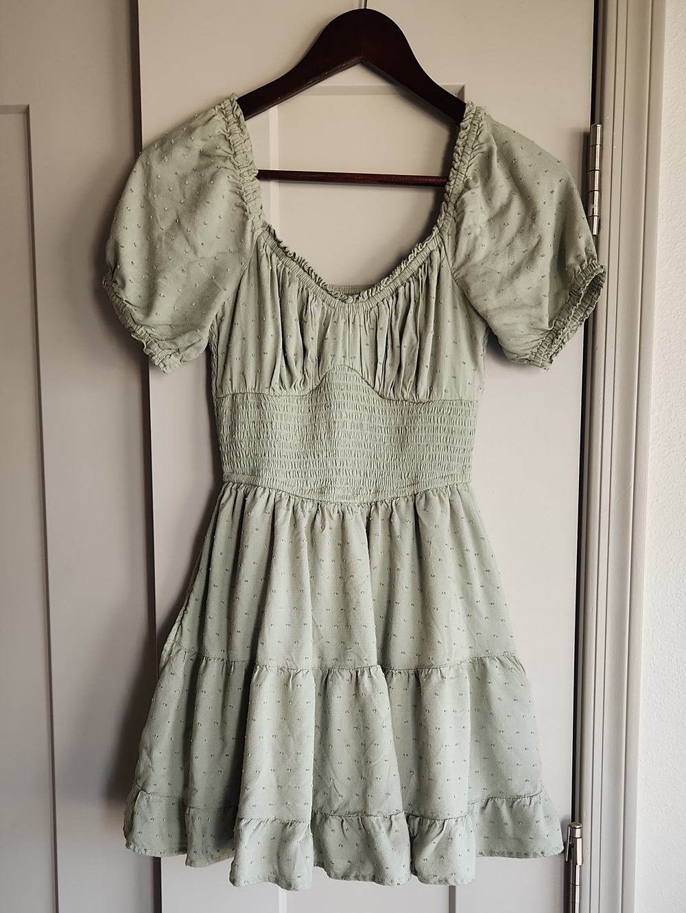 Hollister Sage Green Swiss Dot Tiered Mini Dress w/ Built-In Shorts S
